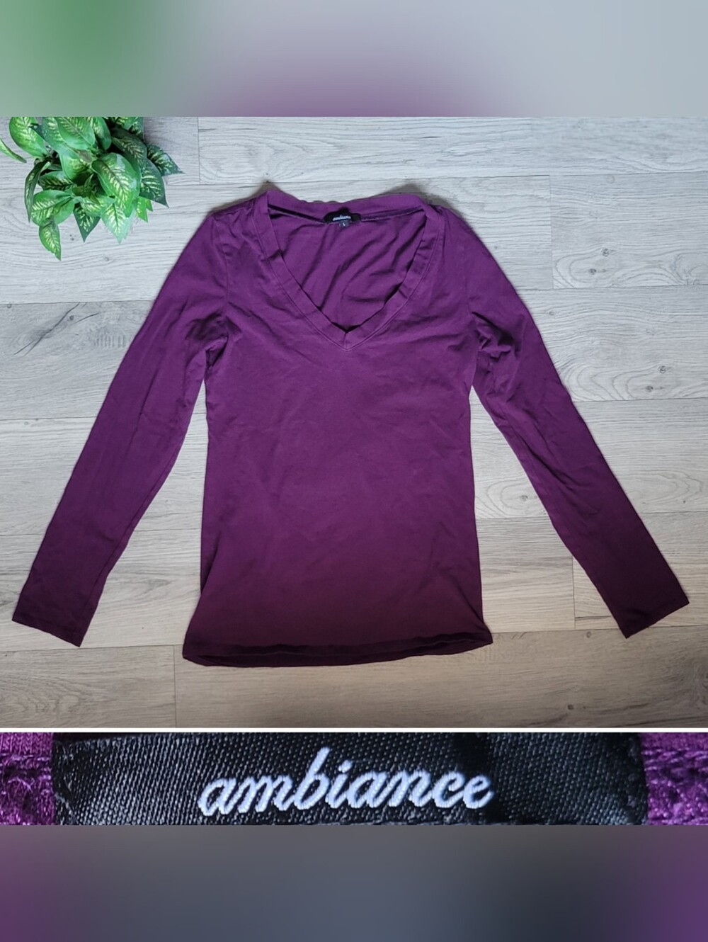 Ambiance Aubergine Plum Purple V-Neck Long Sleeve Top, Women's Large